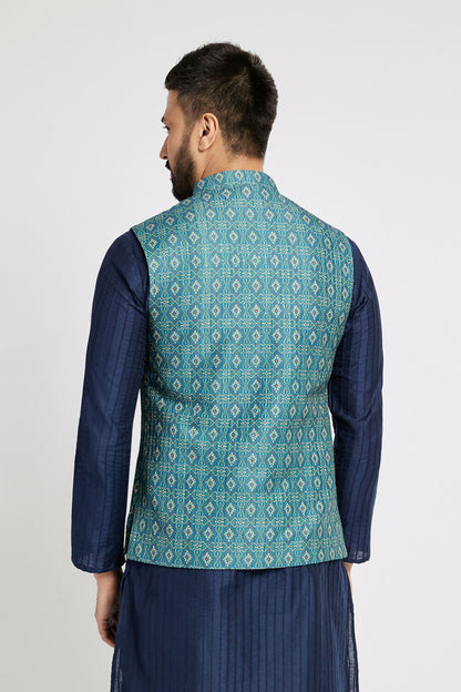 Ethnic India Indigo Blue Bundi Men's Jacket Geometric Polyester