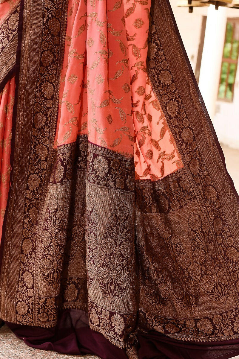 Joban Fashion Coral Crepe Chiffon Pure Handloom Banarasi Silk Saree