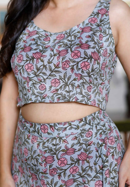 Miravan Women's Grey Floral Printed Crop Top And Skirt Co-Ord Set
