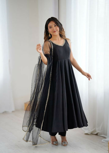 Joban Fashion Black Kurta Set Chanderi Sequence Embroidery Work