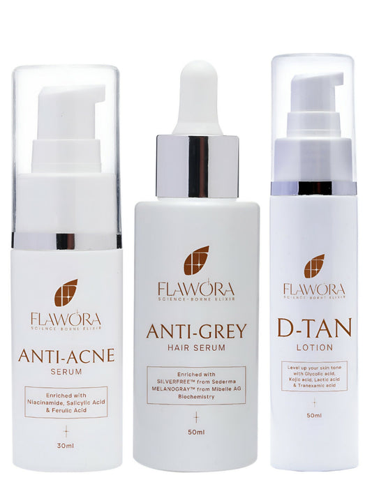 Flawora Set of Anti-Grey Hair Serum, Anti Acne Serum and D-Tan Lotion