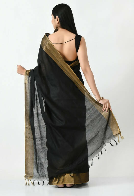 Mominos Fashion Moeza Black Bhagalpuri Handloom Silk Jay Shree Saree with unstitched Blouse piece