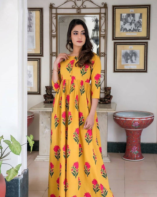 Partywear Designer Gold Yellow Pure Maslin Gown - Anbazaar