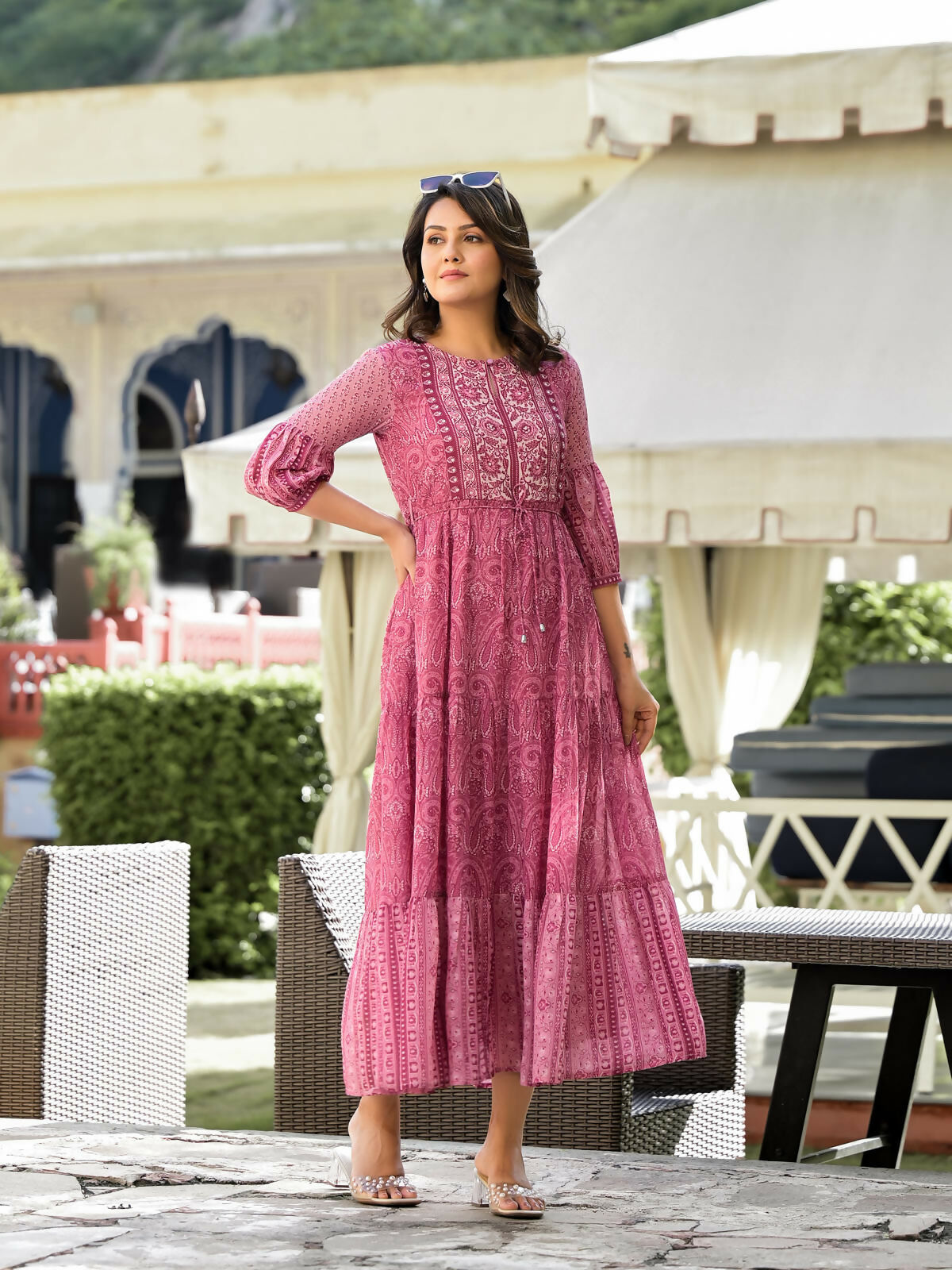 Juniper Women's Onion Pink Ethnic Motif Printed Georgette Gathers Maxi Dress With Sequins & Doris