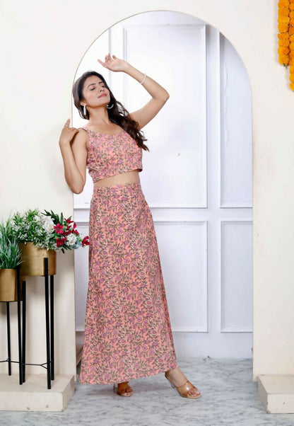 Miravan Women's Orange Floral Printed Crop Top And Skirt Co-Ord Set