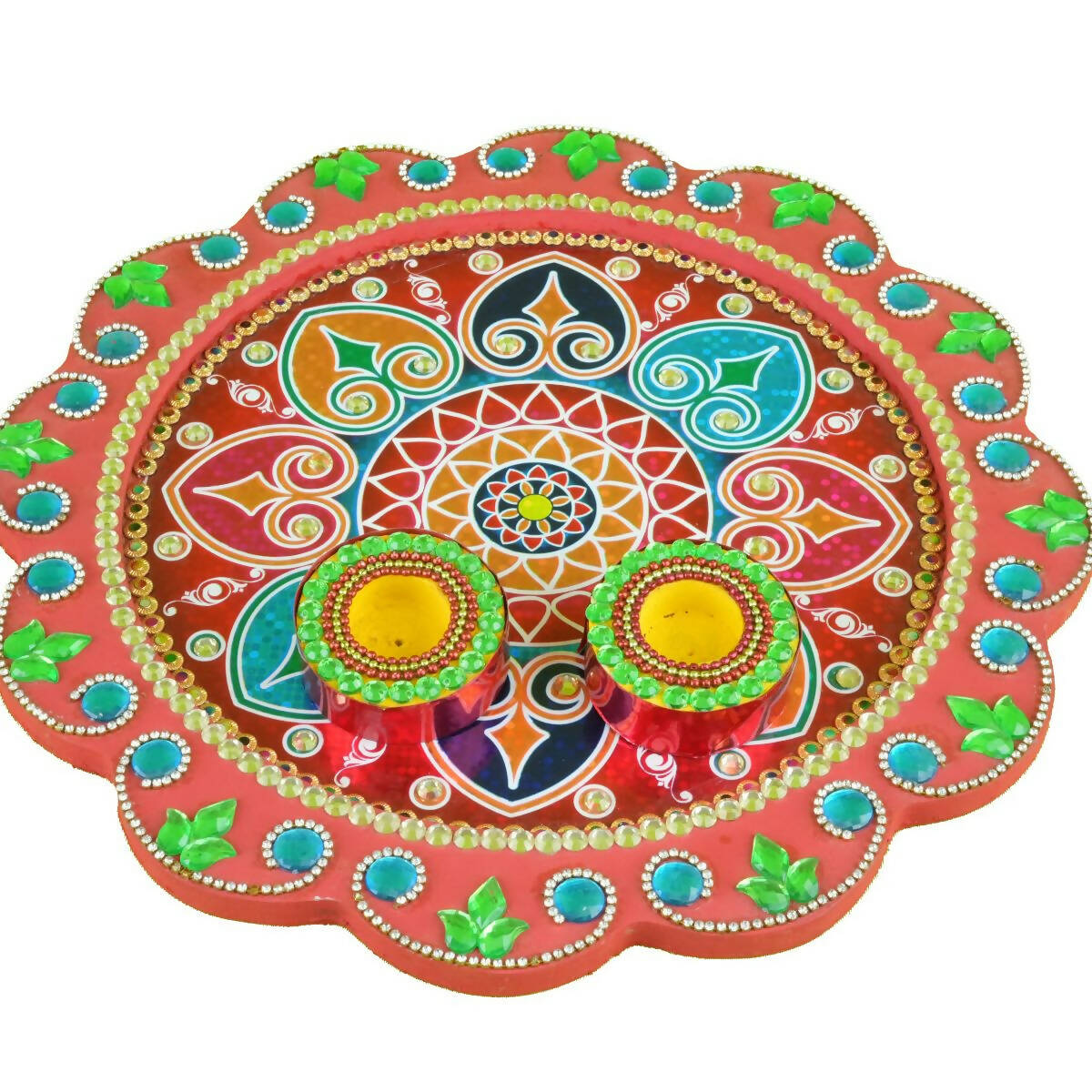 Kundan HandiKrafts Mdf Flower Pooja Thali - Red