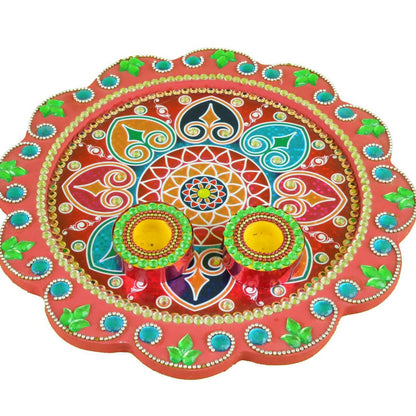 Kundan HandiKrafts Mdf Flower Pooja Thali - Red