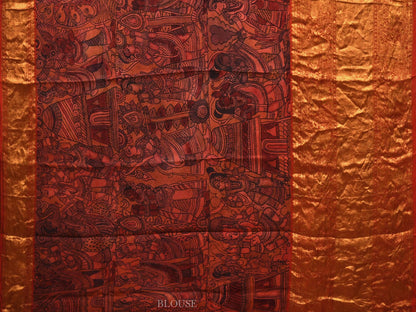 Multicolor Kalamkari Hand Painted Kanchipuram Silk Handloom Saree with Ramayana Design - Global Threads