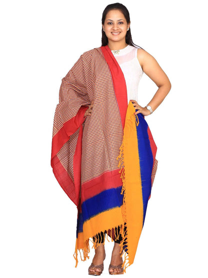 Multicolor Pochampally or Ikat Cotton Handloom Dupatta - Global Threads