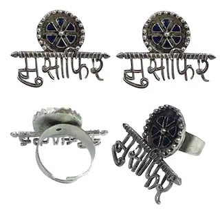 Silver-Plated Alloy Silver Oxidised Ring And Earring Combo - The Pari