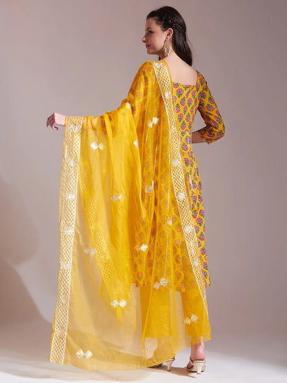 Yufta Mustard Cotton Gotta Work Kurta Set With Pant & Dupatta