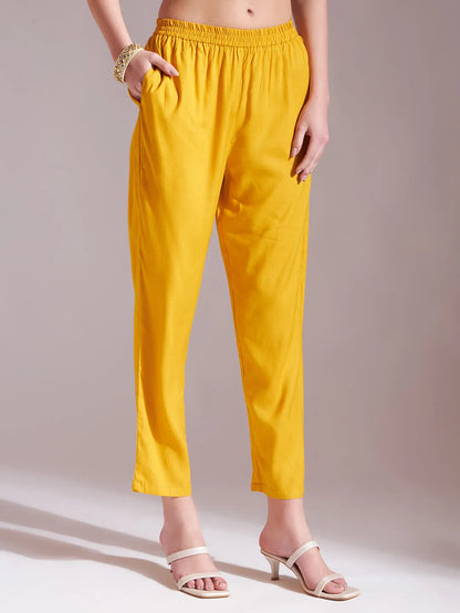 Yufta Mustard Cotton Gotta Work Kurta Set With Pant & Dupatta