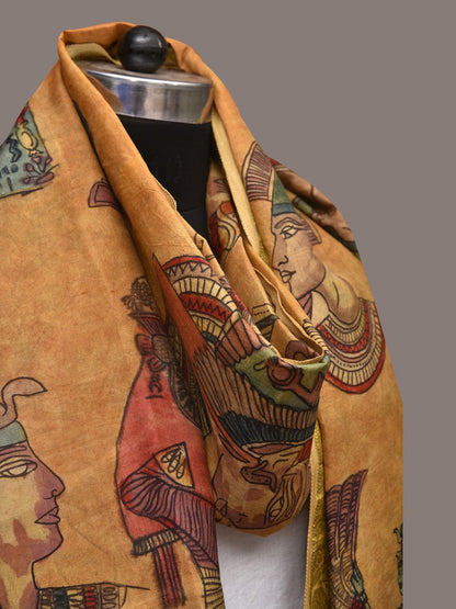 Mustard Kalamkari Hand Painted Kanchipuram Silk Handloom Dupatta with Egyptian Design - Global Threads