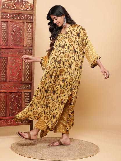 BohoJazz Mustard Vegetable Dye Flowy Modal Kurta with Pants