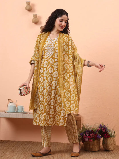 Yufta Mustard Pure Cotton Straight Floral Kantha Work Kurta Pant Set
