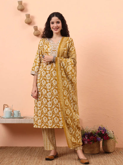 Yufta Mustard Pure Cotton Straight Floral Kantha Work Kurta Pant Set