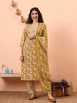 Yufta Mustard Pure Cotton Straight Floral Kantha Work Kurta Pant Set