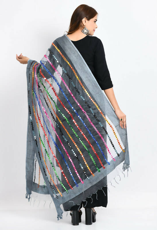 Mominos Fashion Moeza Women's Orgenza Multi Thread Mirror Work Grey Dupatta
