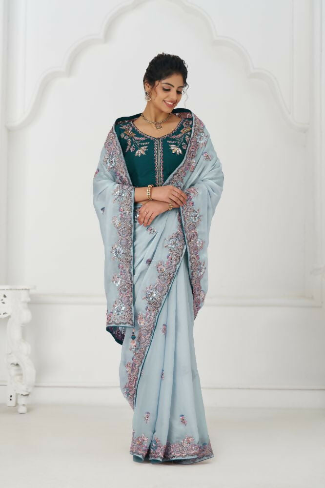 Kesar Fab Graceful Grey In Rich Silk Fendi With Zari And Sparkling Sequins Saree