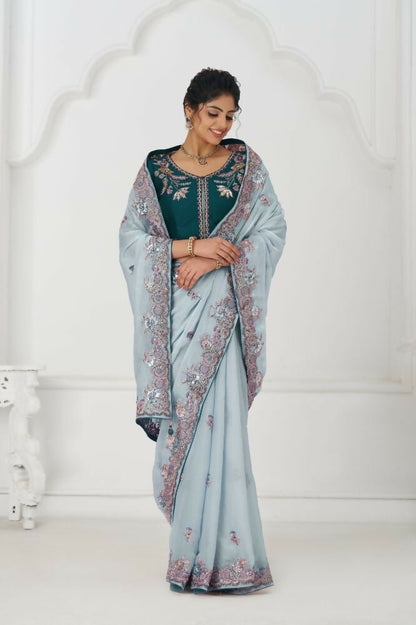 Kesar Fab Graceful Grey In Rich Silk Fendi With Zari And Sparkling Sequins Saree