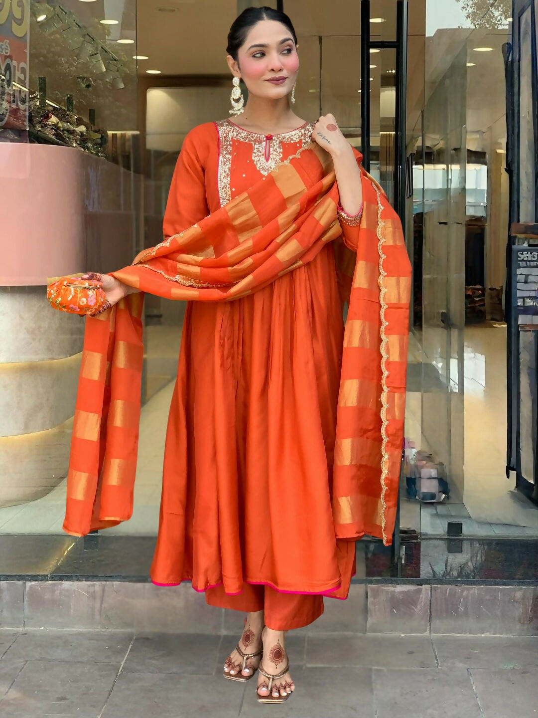 The52 Rust Women's Gorgeous Embroidered Work Chanderi Fabric Flared Kurta Pant and Dupatta Set