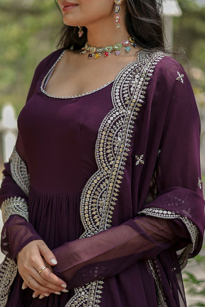 Joban Fashion Wine Georgette Sequence Embroidery Work Kurta Set