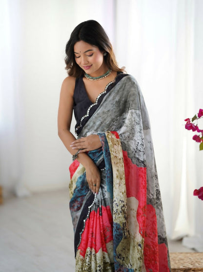 Grey Chinon Designer Digital Printed,Mirror Cut Work Saree - Sohni