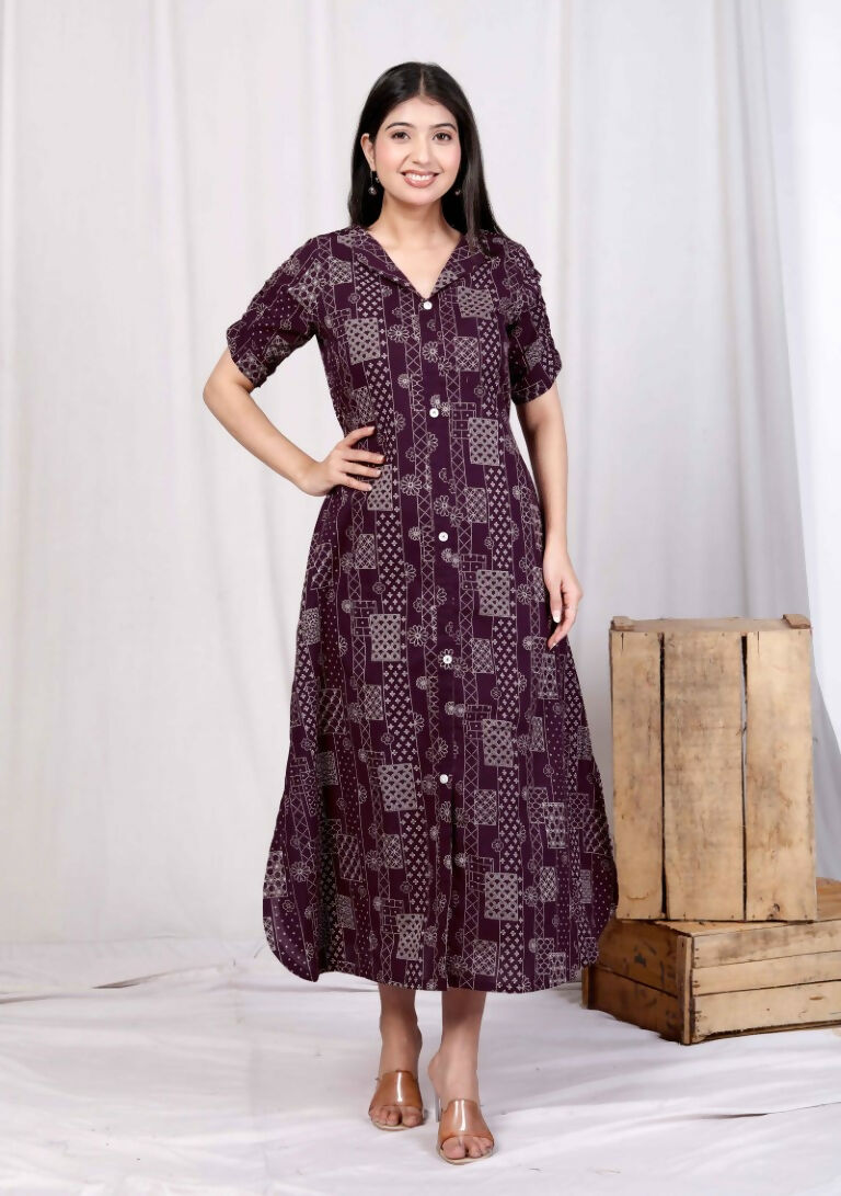 Miravan Women's Wine Mandarin Neck Floral Printed A-Line Party wear Maxi Dress