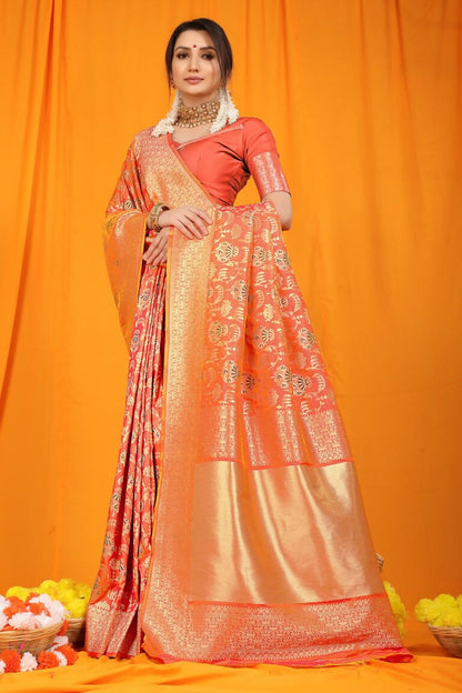 Jyoti Fashion Women's Orange Kanjivaram Silk Zari Woven Saree with Blouse