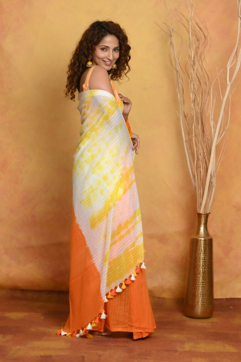 Very Much Indian Tie & Dye Handloom Mul Cotton Saree - Orange Yellow