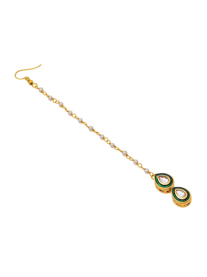 Ruby Raang Green Double Teardrop Kundan Maang Tikka with Meenakari