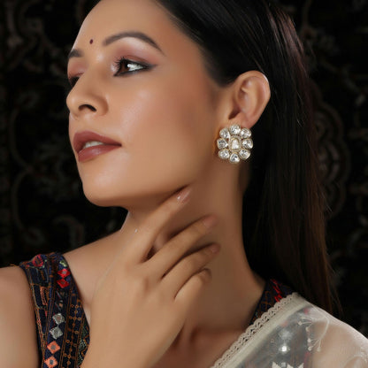 Oversized Round Kundan Studs (Gold) - Ruby Raang