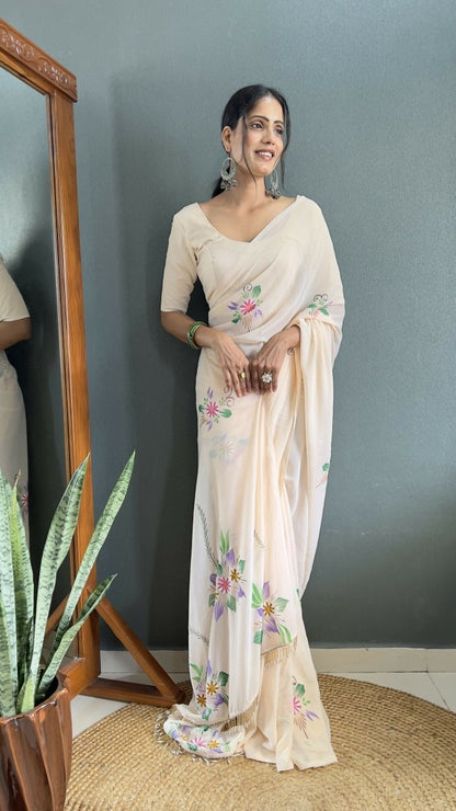 Aayaa Designer 1 min Hand Painted Ready to Wear saree - Off White
