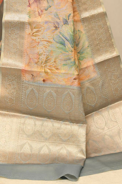 Joban Fashion Grey & Orange Saree Tissue Digital With Embroidery