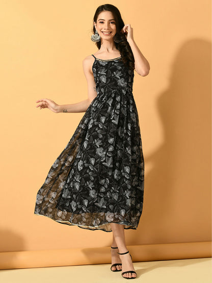 Myshka Women's Black Fit and Flare Party Dress