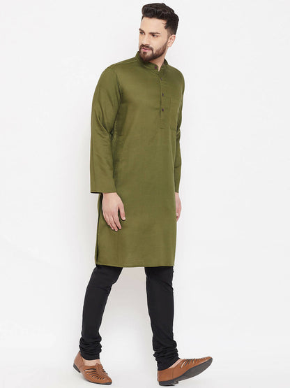 Even Apparels Green Linen Men's Kurta With Band Collar
