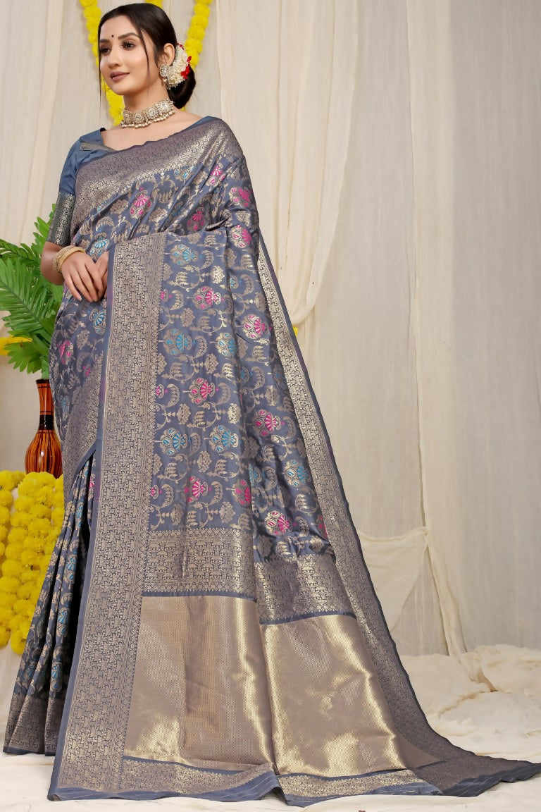 Jyoti Fashion Women's Grey Kanjivaram Silk Zari Woven Saree with Blouse