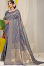 Jyoti Fashion Women's Grey Kanjivaram Silk Zari Woven Saree with Blouse