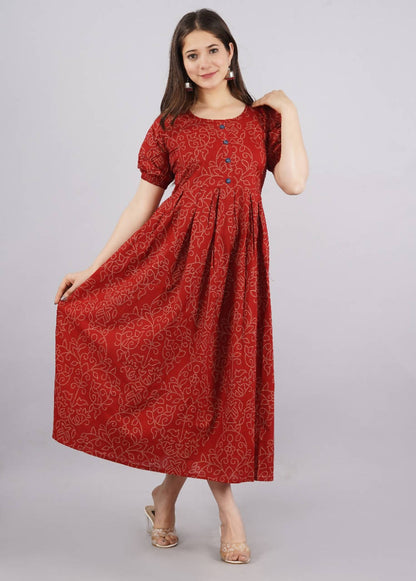 Vamika Red Cotton Printed Party Wear/Casual Wear Kurti