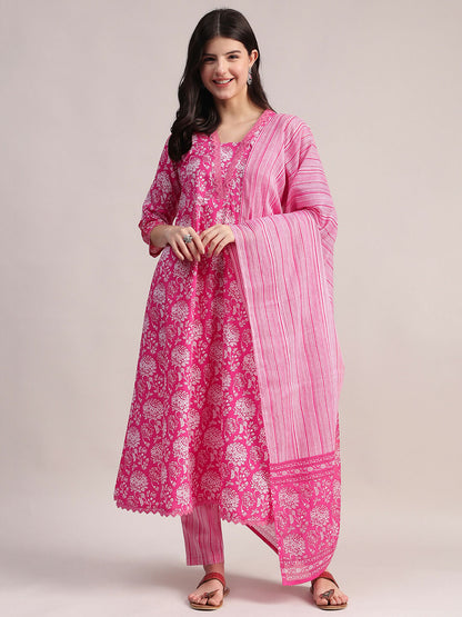 Aavyora Women's Pink Floral Print Cotton A-Line Kurta with Striped Trouser & Dupatta