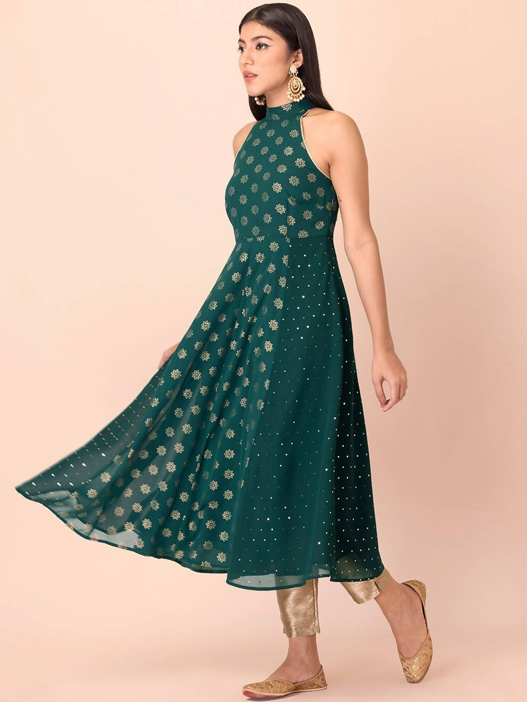 Indya Green Floral Printed Halter Neck Georgette Kurta With Zari Detail