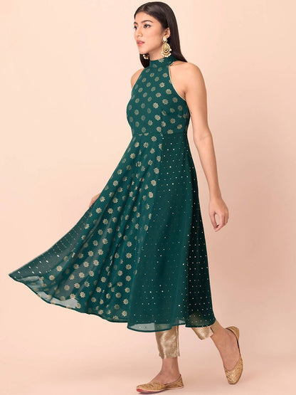 Indya Green Floral Printed Halter Neck Georgette Kurta With Zari Detail
