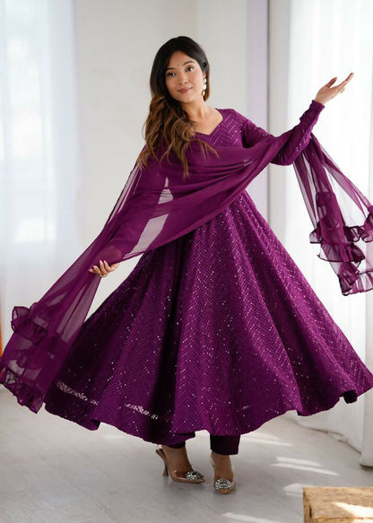 Joban Fashion Wine Kurta Set Georgette Sequence Embroidery Work