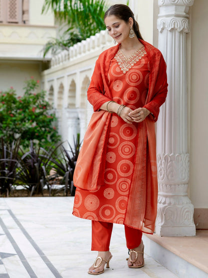 The52 Orange Women's Gorgeous Rayon Embroidered Straight Kurta with Pant And Dupatta Set