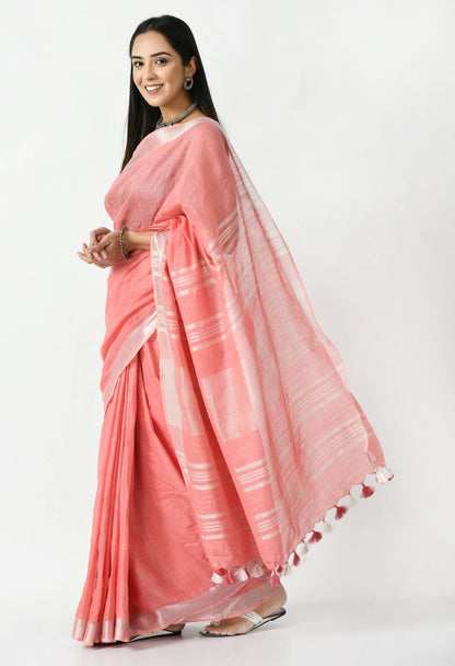 Mominos Fashion Moeza Light Gajari Bhagalpuri Handloom Silk Linen Saree with unstitched Blouse piece