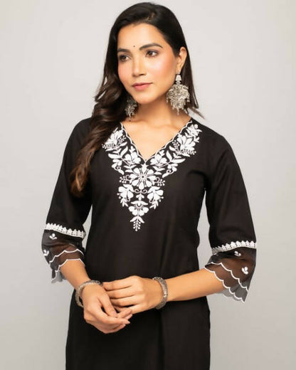 FIORRA Women's Black Cotton Straight Kurta Palazzo Set