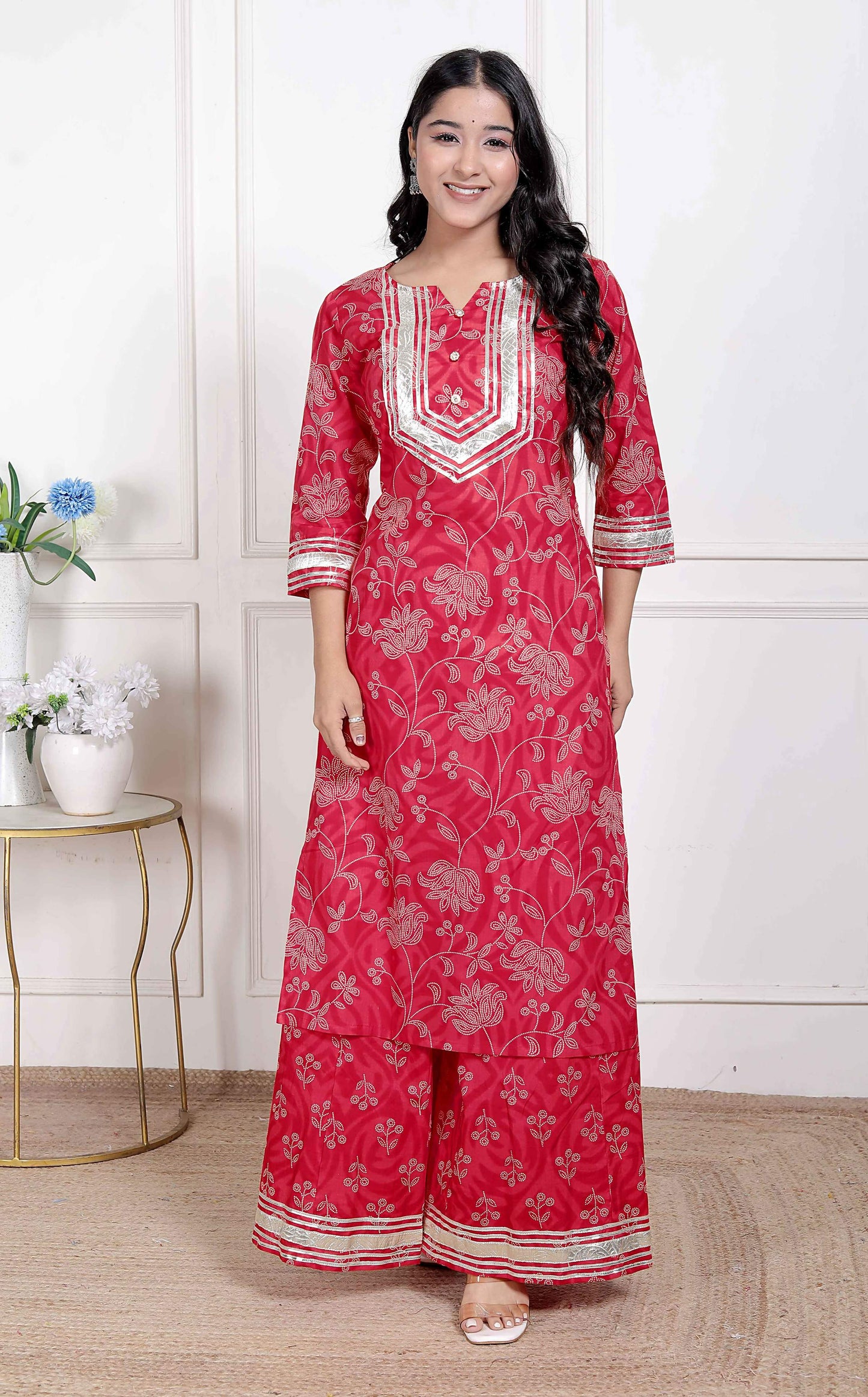 Miravan Women's Red Cotton Gota Work Kurta with Palazzo