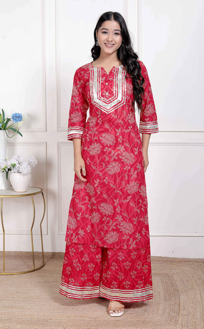 Miravan Women's Red Cotton Gota Work Kurta with Palazzo