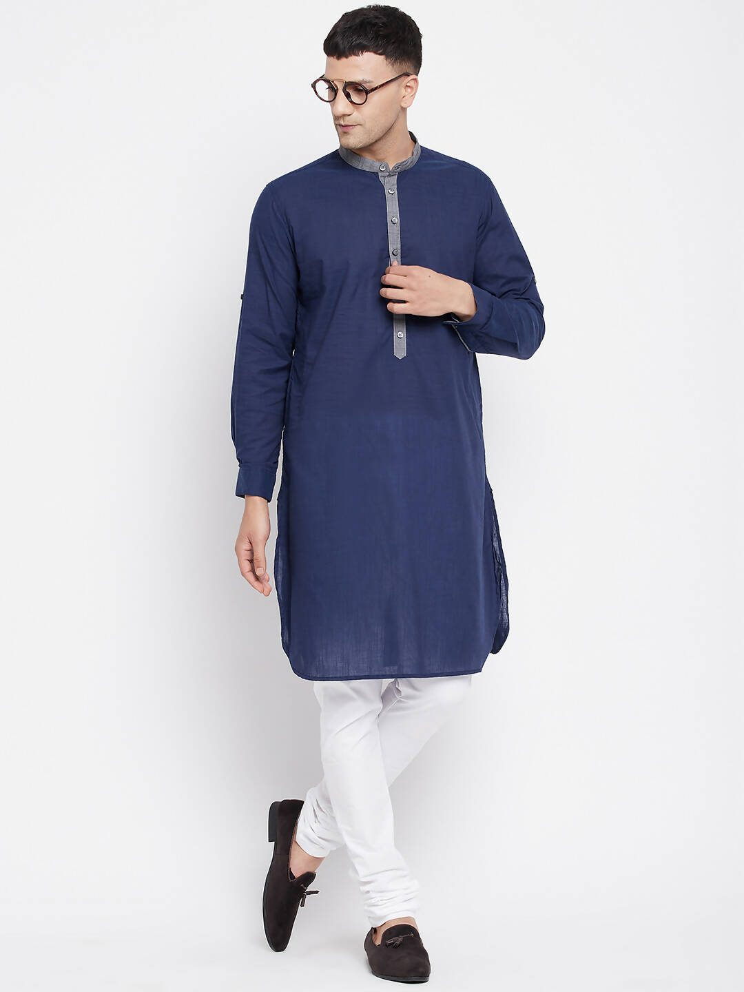 Even Apparels Blue Pure Cotton Men's Kurta With Contrast Collar And Placket