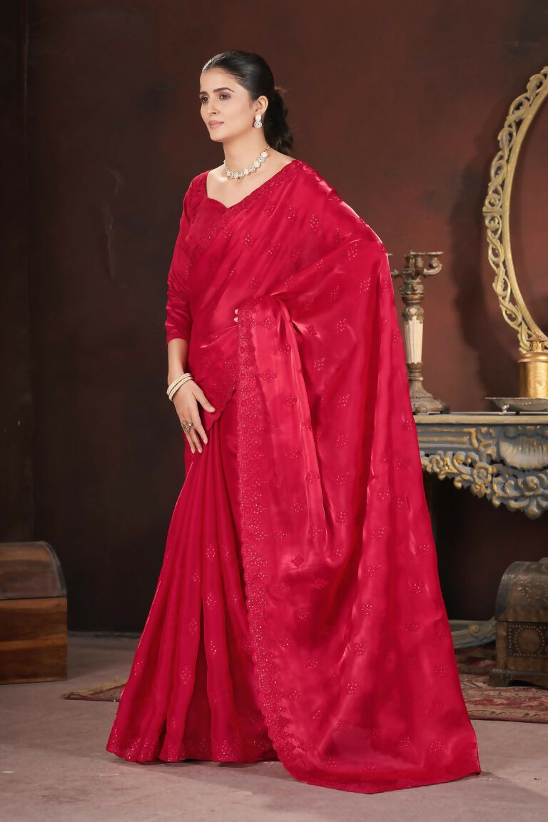 Vastranavya Red Jimmy Choo Silk 3mm Sequence work with Cross Stitch Embroidery work & Cutwork Border Saree